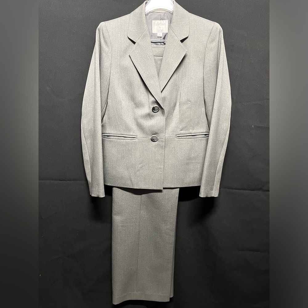 Grey, two-piece pant suit.